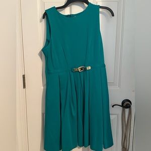 Jennifer Lopez Jlo Sz L teal turquoise dress business churchGold TONE belted.NWT